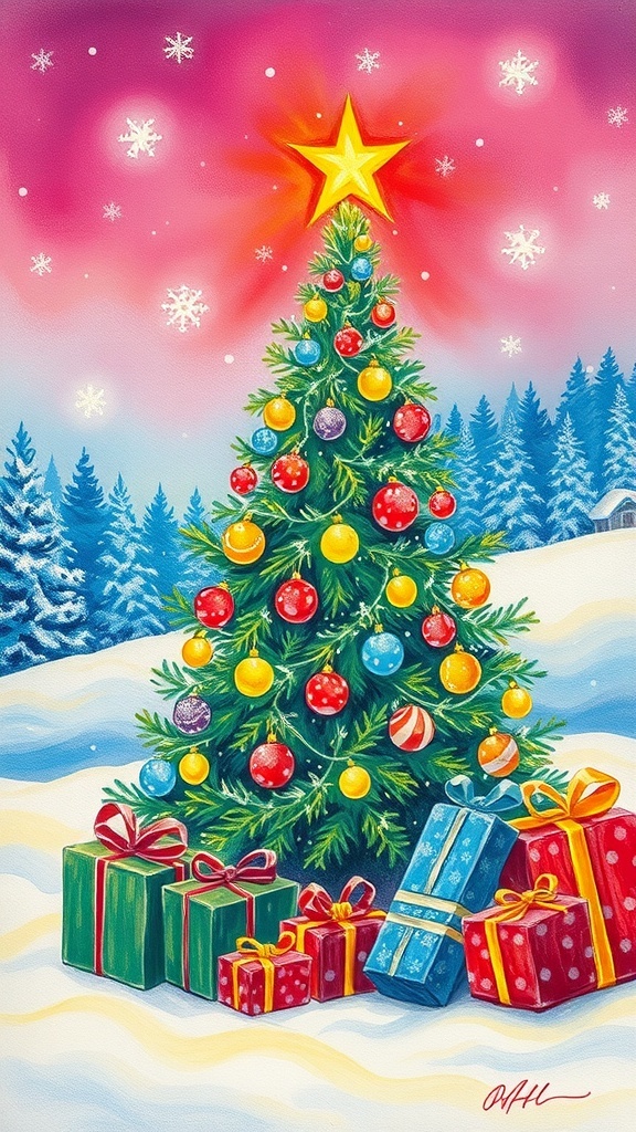 A colorful oil pastel drawing of a Christmas tree with gifts and snowflakes in a winter scene.